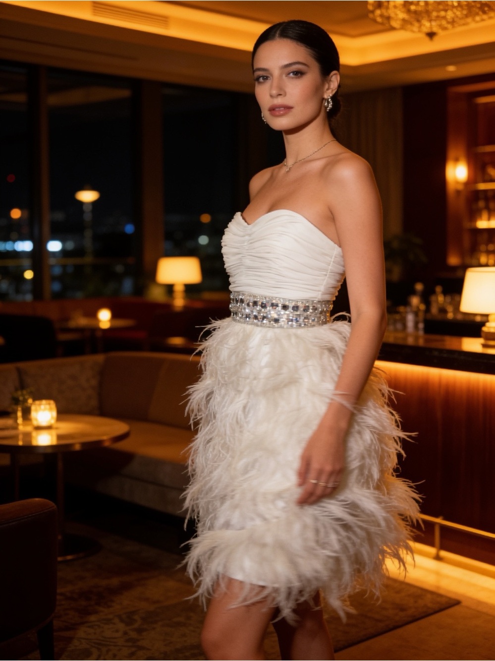 Strapless White Feather Cocktail Dress with Jeweled Waist